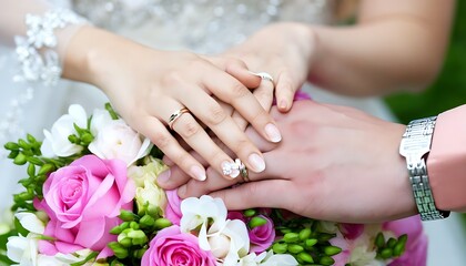 Fototapeta premium Lovebirds with wedding rings in a romantic flower setting, sealing their vows.