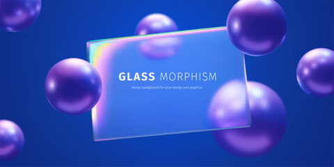 Glass plate with glass and matt balls, composition in glassmorpism style on blue background. 