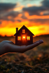 Sunset Home Illustration: Glowing House in Hand