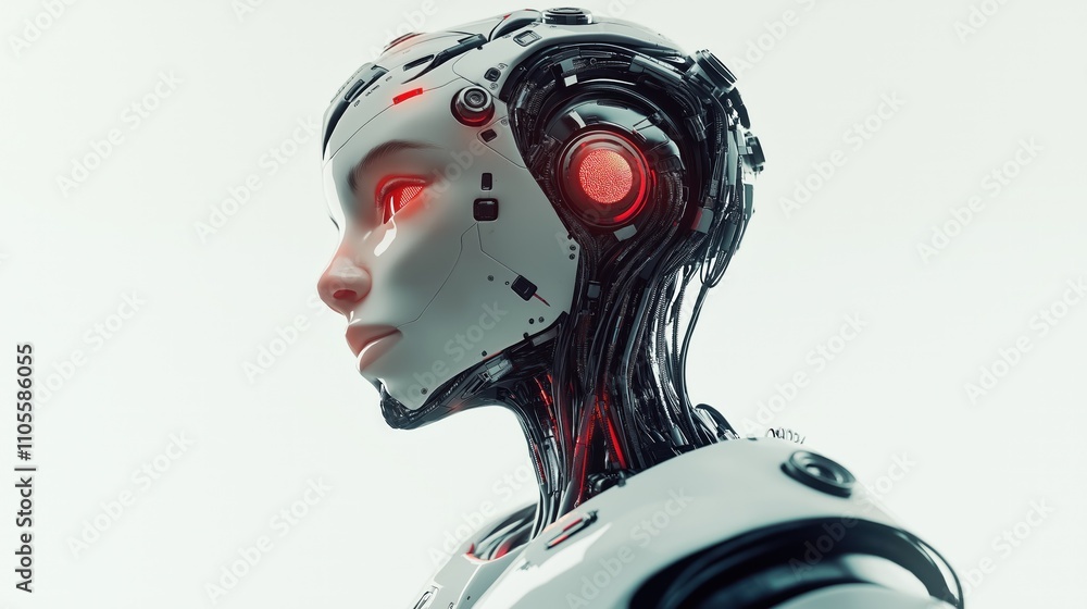 Poster closeup profile view of futuristic humanoid robot. ai based design, latest tech. advanced robotic fe