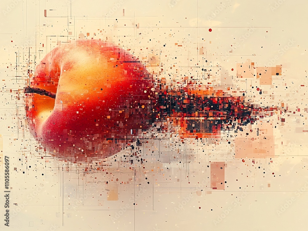 Leinwandbilder digitally dissolving peach a glitched fruit concept with soft fuzzy textures and exploding pixels