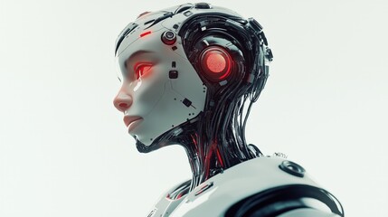 Closeup profile view of futuristic humanoid robot. AI based design, latest tech. Advanced robotic features visible on head. Stylish, modern look. Possible applications include science fiction, tech