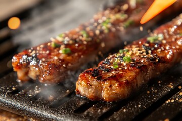 Deliciously grilled meat sprinkled with sesame seeds on a barbecue grill emits smoke, creating an appetite-inducing scene of flavor and culinary craft.