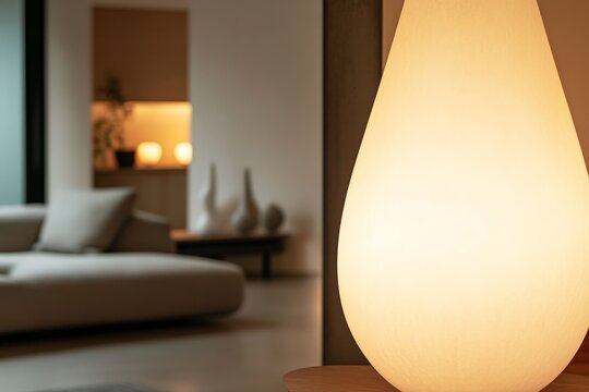 A serene modern interior showcasing an elegant lamp, casting a soft glow that enhances the tranquility and sophistication of the home's setting.