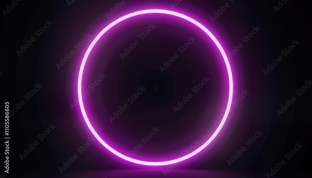 Poster purple neon circle glows in dark space. circular halo effect creates abstract design. glowing edge, 