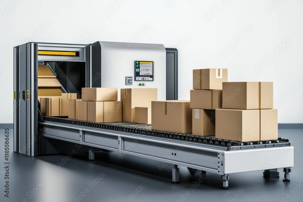Aufkleber automated sorting machine processes cardboard boxes on conveyor belt. modern tech logistics system h