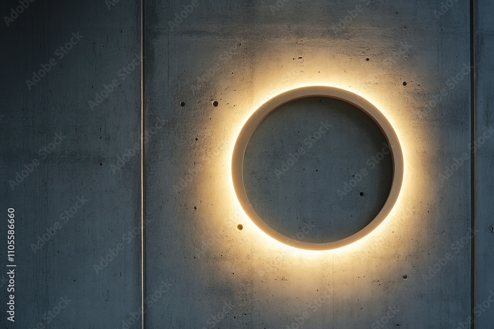 Aufkleber a creatively designed circular neon light, glowing softly on a backdrop of raw concrete, with a blen