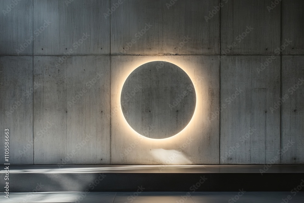 Poster a striking circular neon light fixture, casting a warm glow onto a rugged concrete wall, showcasing 
