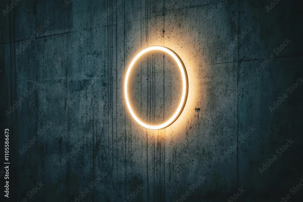 Aufkleber a stark and modern circular neon light fixture emits a warm glow, mounted on a textured concrete wal