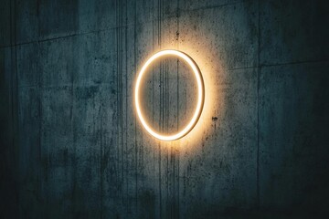 A stark and modern circular neon light fixture emits a warm glow, mounted on a textured concrete wall, creating a minimalist and industrial aesthetic.