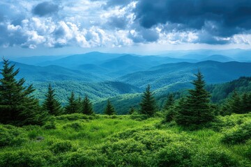 Fototapeta premium Evergreen trees growing on lush green hillside overlooking scenic blue ridge mountains