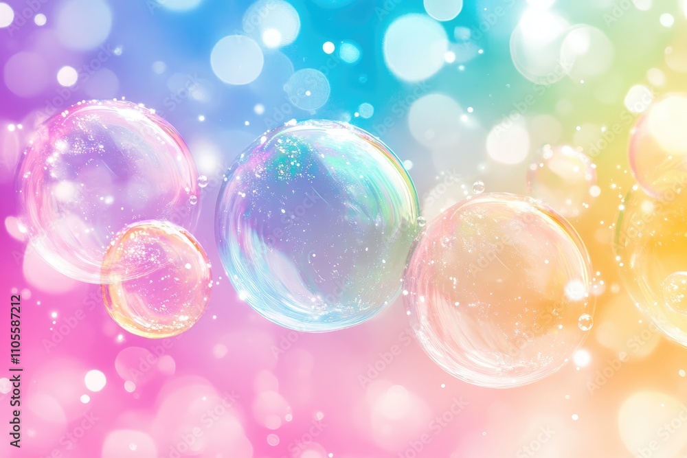 Aufkleber rainbow bubbles floating on a sparkling pastel background