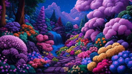 Obraz premium Enchanted Garden with Vibrant Multicolored Flowers and a Waterfall Under a Twilight Sky