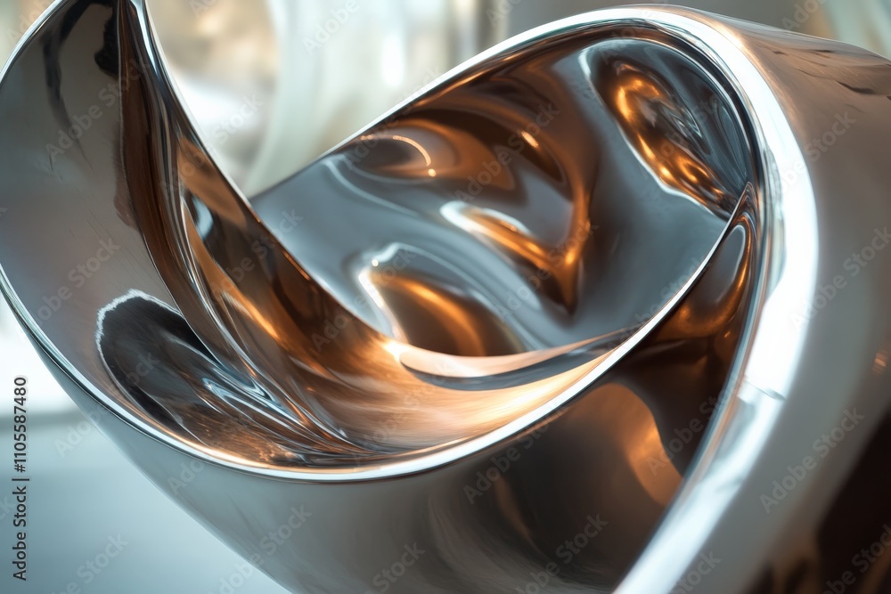 Poster A close-up view of a polished metallic abstract sculpture showcasing intricate curves and reflections, representing modern art's fluidity and innovation in sleek design.