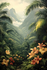 Fototapeta premium Lush Tropical Valley Illustration