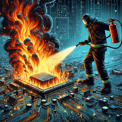 Fire on the printed circuit board. A fireman extinguishes fire on printed circuit board among components