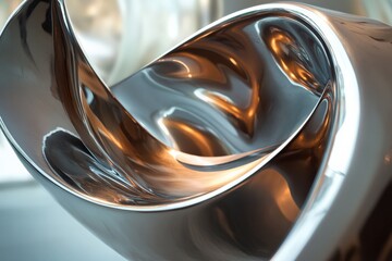 A close-up view of a polished metallic abstract sculpture showcasing intricate curves and...