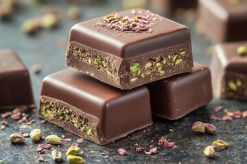 Stack of dark chocolate blocks with pistachios and dried rose petals