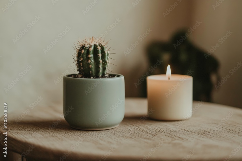 Poster a small potted cactus sits beside a lit candle on a rustic wooden table, creating a charming and coz