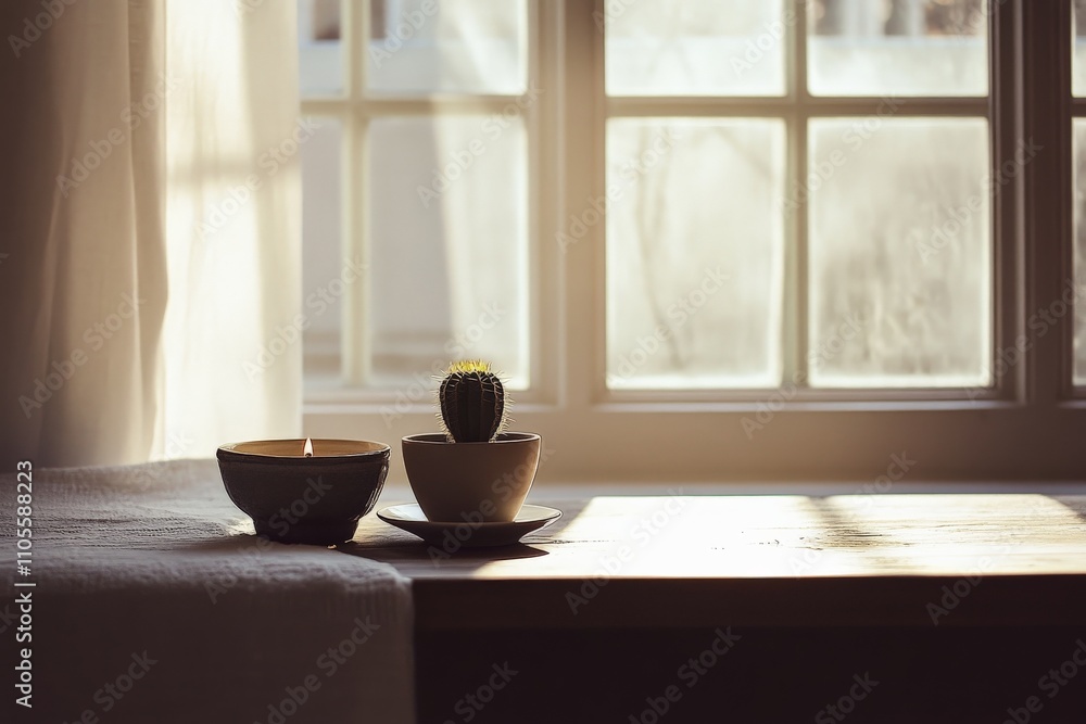 Aufkleber A sunlit window highlights a well-arranged windowsill, featuring a small cactus in a pot and an earth-toned bowl, creating a harmonious and quiet setting.