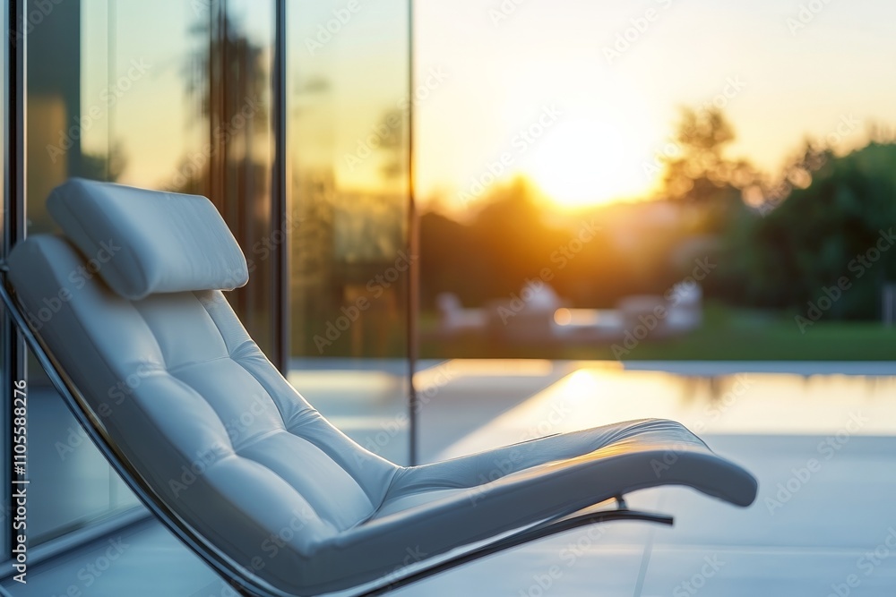 Poster a sleek modern lounge chair positioned by a large window, capturing a beautiful sunset in the backgr