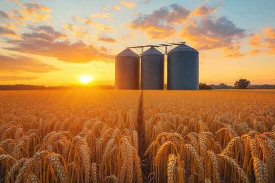 Grain silos rising from golden wheat field at sunset
