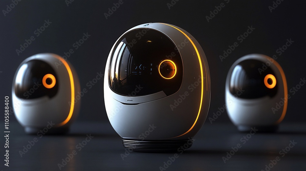 Poster three futuristic spherical robots with glowing orange accents on a dark background.