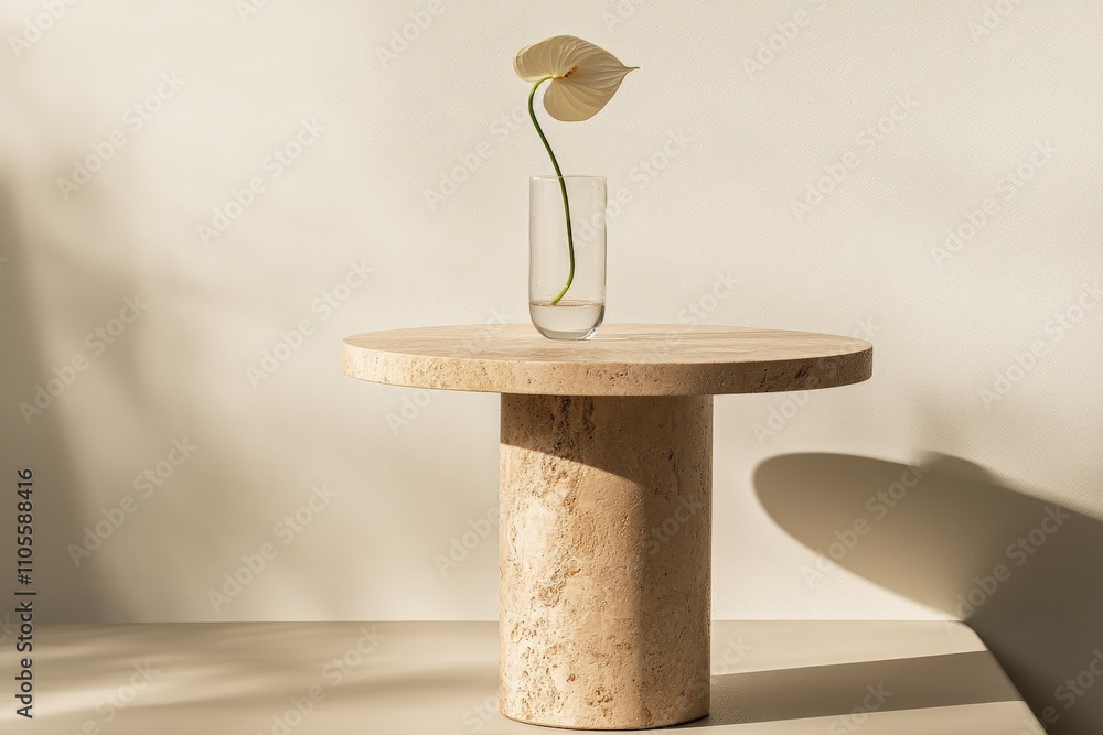 Fototapete a delicate flower elegantly positioned in a slender glass vase atop a robust stone table, casting su
