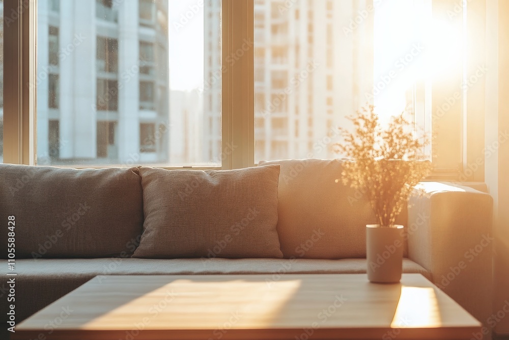 Poster a sunlit room features a plush sofa with a small potted plant nearby, casting delicate shadows, crea