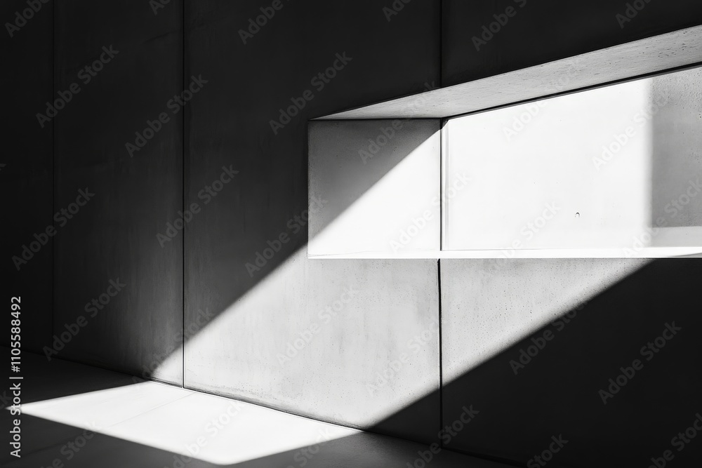 Poster minimalist scene showcasing a concrete structure with dramatic interplay of light and shadow, emphas