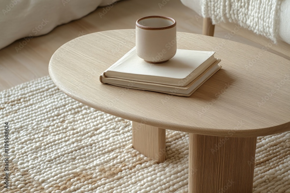 Poster a rustic coffee cup sits on top of a closed book on an elegantly simple light wood oval table, surro