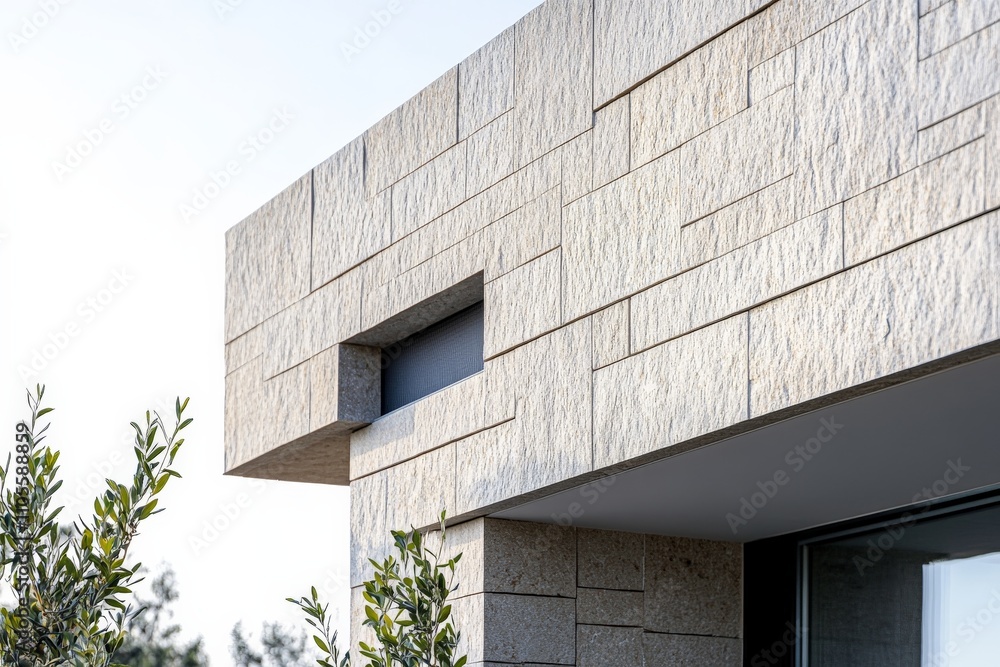 Poster a modern building corner is shown with stone cladding, featuring a small window opening, illustratin