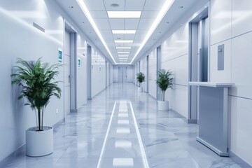 The interior of the reception of a modern office or medical center, an empty bright corridor. 