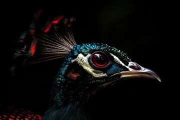 Obraz premium A captivating headshot of a peafowl emphasizing its rich colors and detailed feather patterns, against a shadowy background, symbolizing allure and mystery.