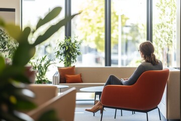 A cozy modern lounge area featuring a striking orange armchair set against large windows, exuding comfort and style, perfect for relaxation and reflection.