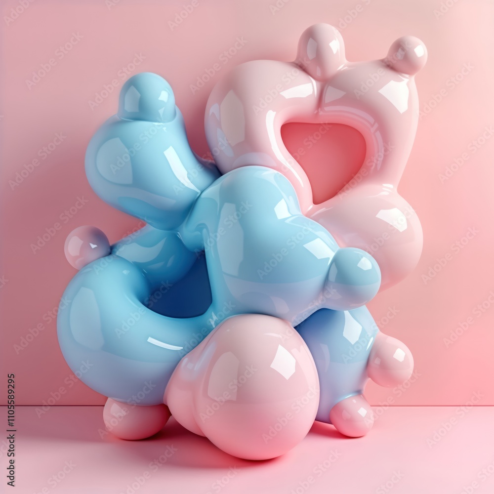 Poster abstract illustration with pastel pink, blue forms. fluid shapes resembling blobs bubbles. modern de