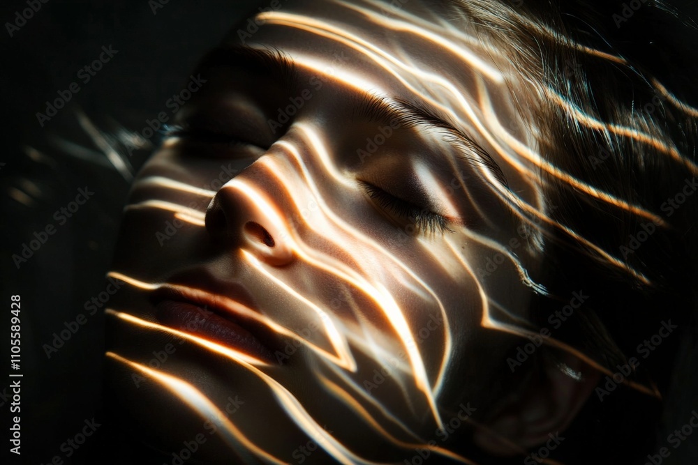 Leinwandbilder a serene and contemplative portrait with closed eyes, under gentle wavy light patterns, evoking a pe