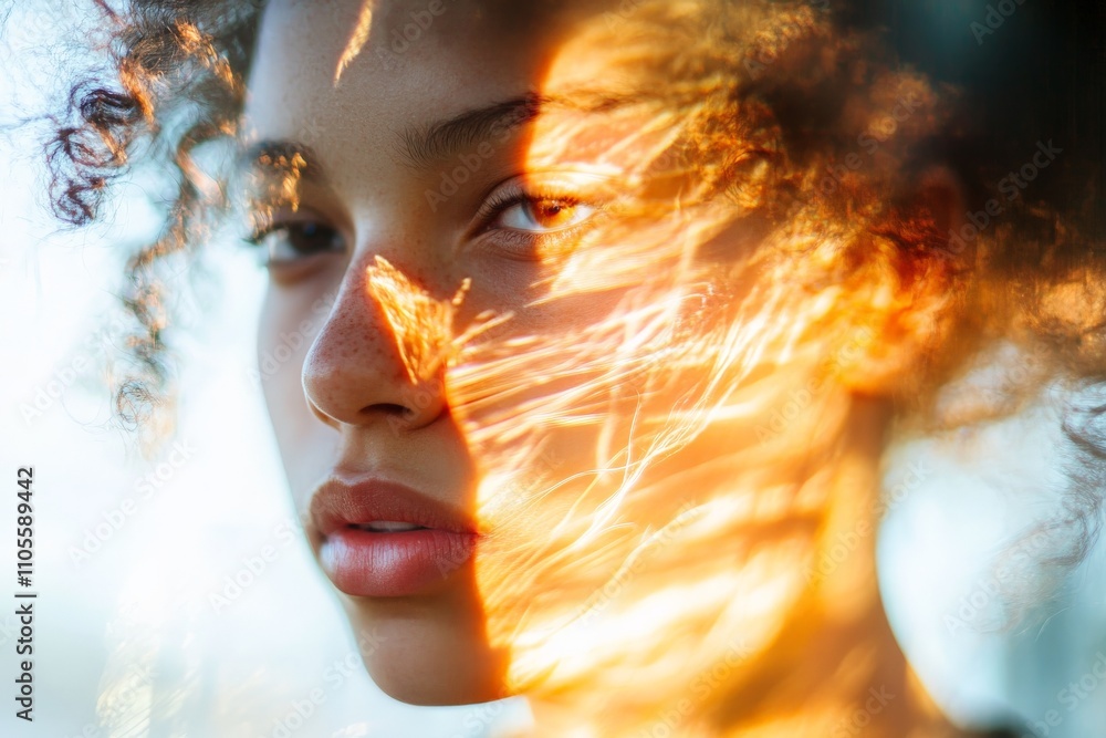 Fototapete a face partially illuminated by warm, abstract patterns, creating a stunning contrast that emphasize