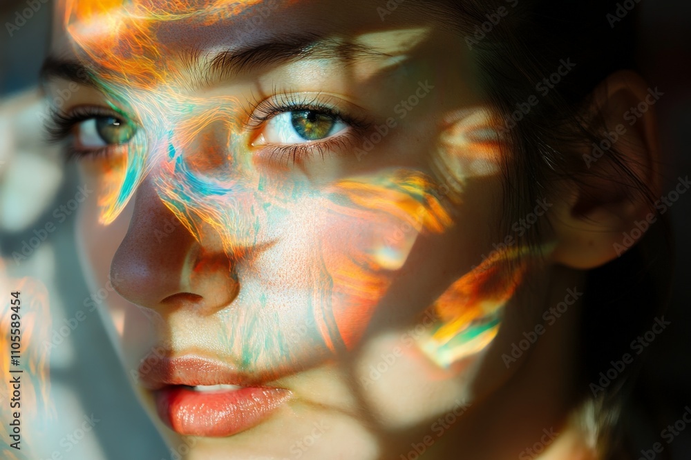 Poster a vibrant portrait of a woman's face with dynamic, colorful light patterns overlaying her features, 