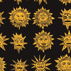 Naklejka premium Golden Sun Pattern Design with Tribal Faces