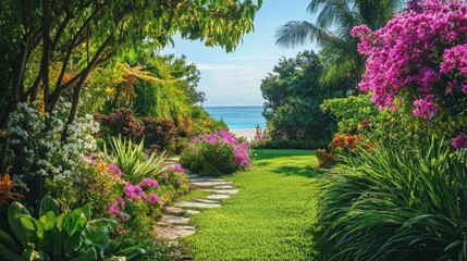 Obraz premium Lovely green garden by the sea with bush flowers and neatly trimmed hedges background wallpaper AI generated image