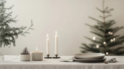 Minimalist Christmas Table Setting with Candles and Evergreen Decor for Holiday Inspiration