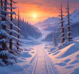 Illustration of winter landscape with sunrise in wild.