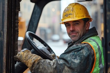 Construction worker driving forklift at worksite, looking at camera