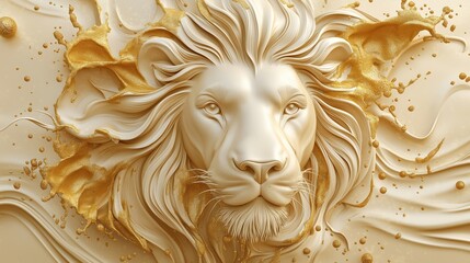 Fototapeta premium Elegant 3D relief lion head design. Creamy beige lion head sculpture with golden splashes. High quality wallpaper mural decor. Sophisticated design with golden accents for luxury ambiance. Art deco