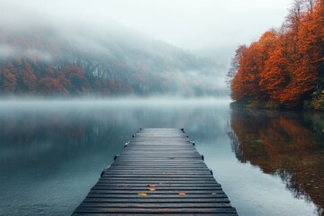 Wooden pier over a lake with mountains in the background