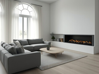 Sofa against fireplace in living room with arch window and ceiling of interior design