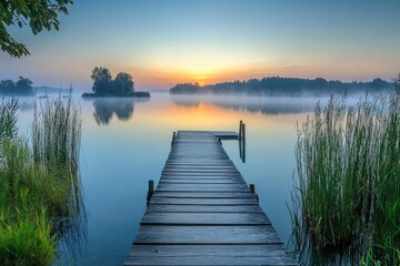 Fototapeta premium Wooden pier over a calm lake at sunset