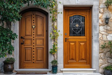 Two elegant wooden doors adorning a stone house facade