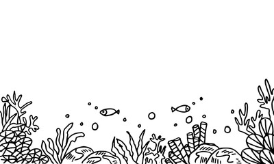 Fototapeta premium Cartoon doodle hand-drawn of an underwater sea scene, fish and coral reef.